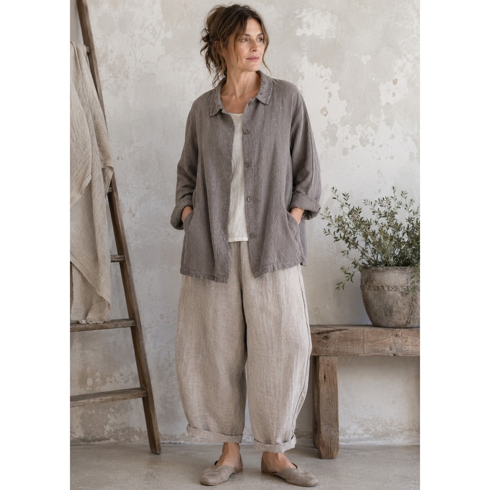Metta Melbourne Linen Hemp Blend Pinstripe Jacket Grey Oversized Lagenlook- M